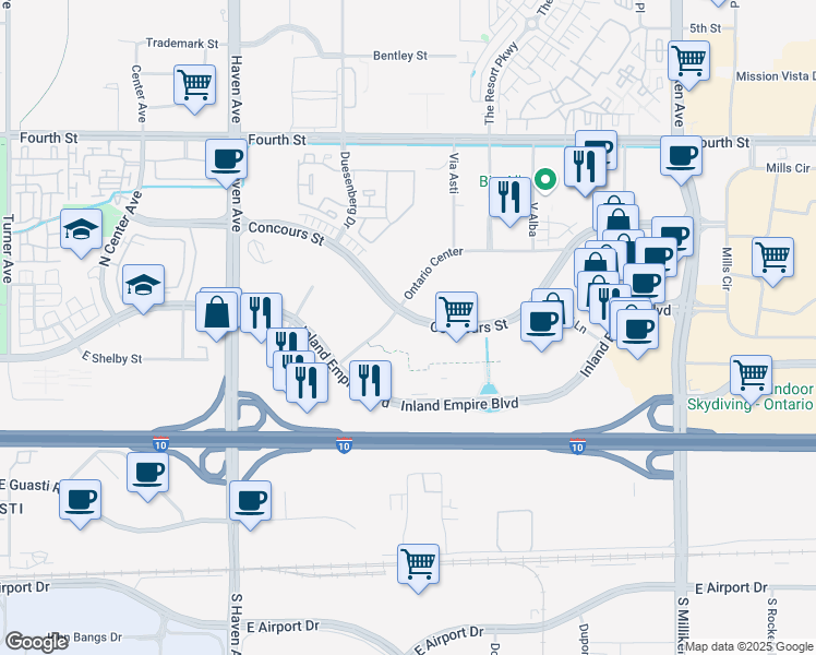 map of restaurants, bars, coffee shops, grocery stores, and more near 3800 Concours Street in Ontario