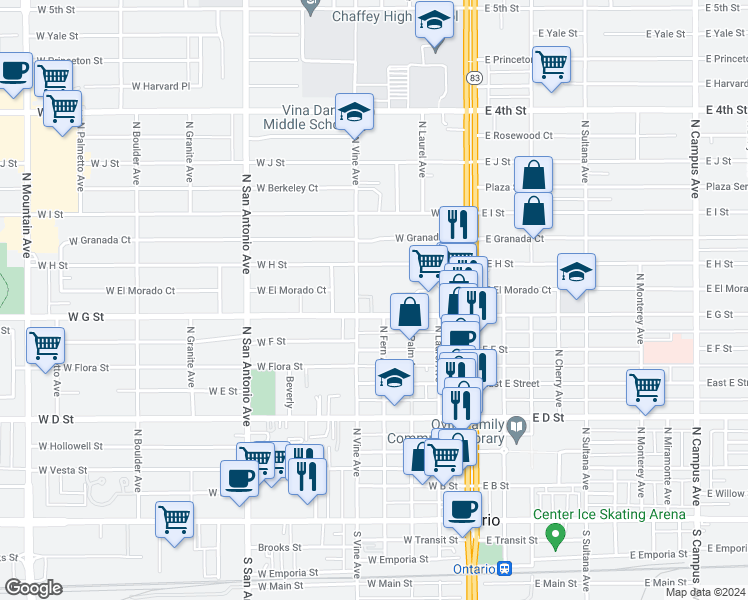 map of restaurants, bars, coffee shops, grocery stores, and more near 418 West G Street in Ontario