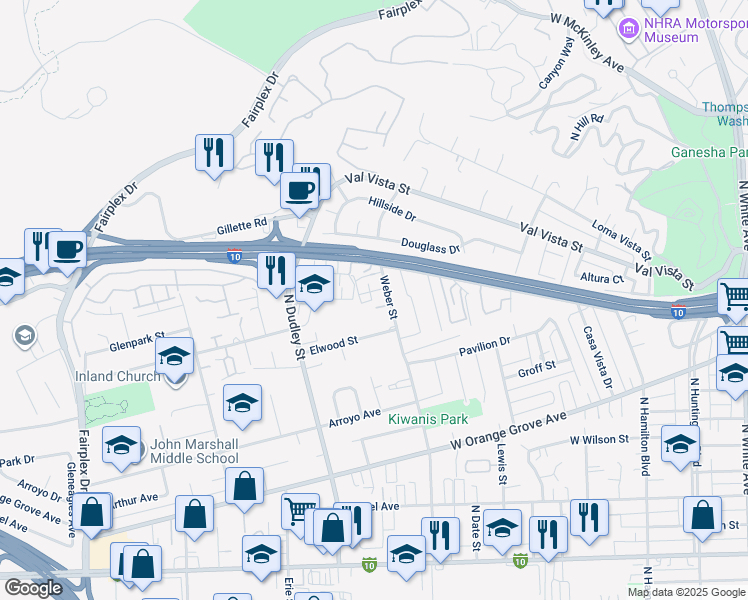 map of restaurants, bars, coffee shops, grocery stores, and more near 1319 Jacqueline Drive in Pomona
