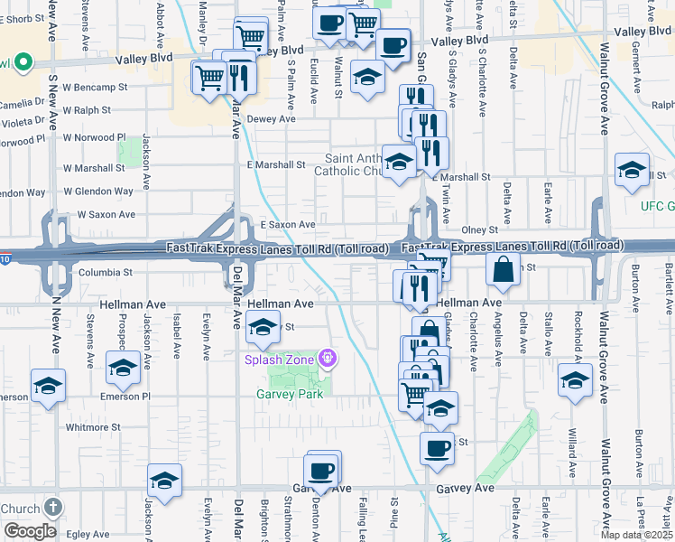 map of restaurants, bars, coffee shops, grocery stores, and more near 8020 Artson Street in Rosemead