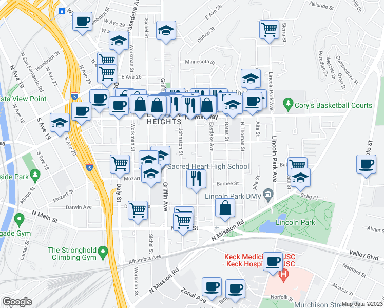 map of restaurants, bars, coffee shops, grocery stores, and more near 2234 Hancock Street in Los Angeles