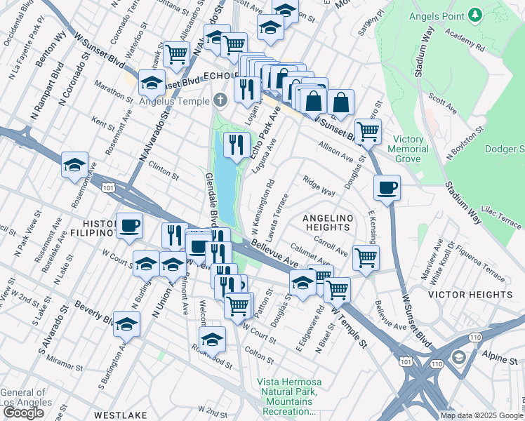 map of restaurants, bars, coffee shops, grocery stores, and more near 1105 West Kensington Road in Los Angeles