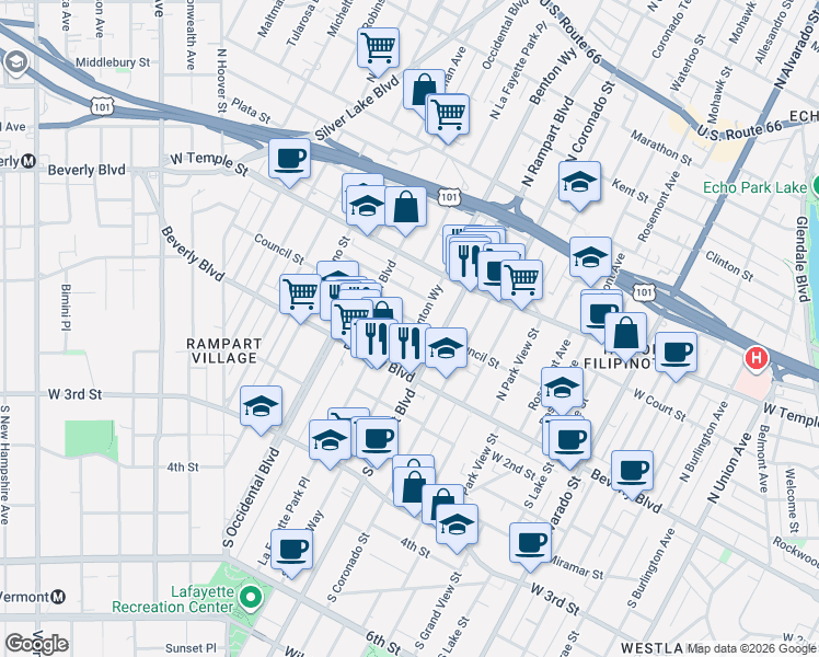 map of restaurants, bars, coffee shops, grocery stores, and more near 152 North Benton Way in Los Angeles