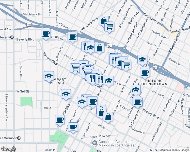 map of restaurants, bars, coffee shops, grocery stores, and more near in Los Angeles