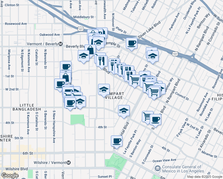map of restaurants, bars, coffee shops, grocery stores, and more near 157 South Hoover Street in Los Angeles