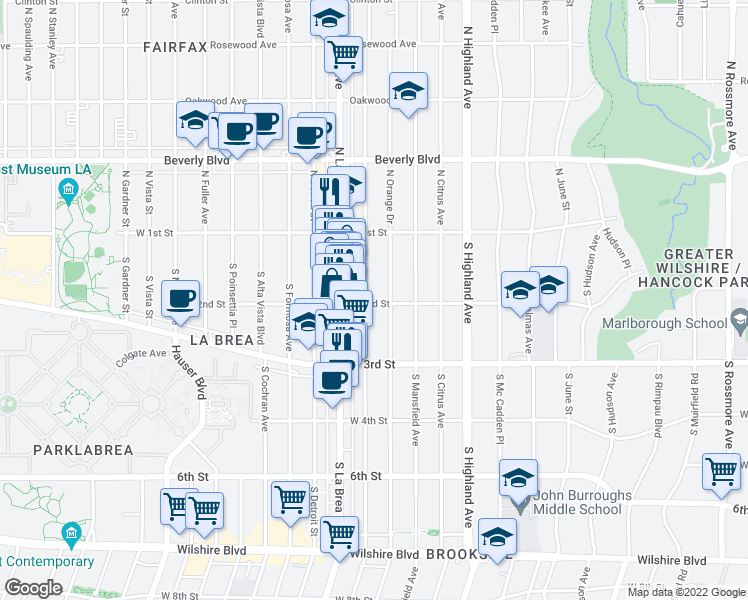 map of restaurants, bars, coffee shops, grocery stores, and more near in Los Angeles