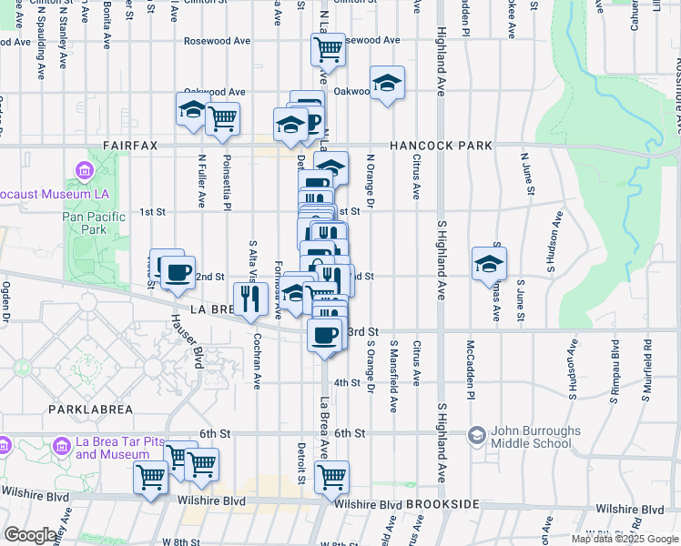 map of restaurants, bars, coffee shops, grocery stores, and more near 165 South La Brea Avenue in Los Angeles