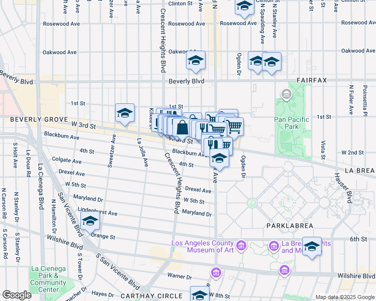 map of restaurants, bars, coffee shops, grocery stores, and more near 7957 Blackburn Avenue in Los Angeles