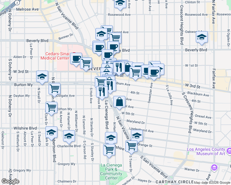 map of restaurants, bars, coffee shops, grocery stores, and more near 426 South San Vicente Boulevard in Los Angeles