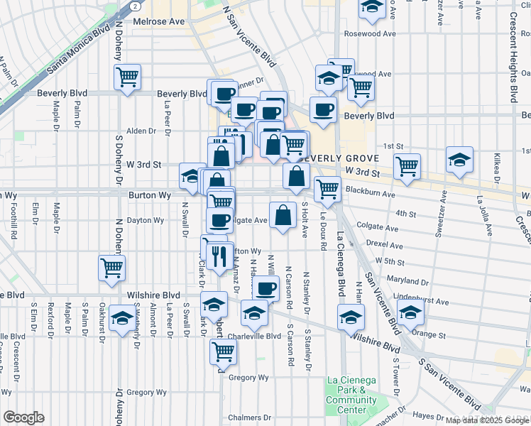 map of restaurants, bars, coffee shops, grocery stores, and more near 8613 Colgate Avenue in Los Angeles