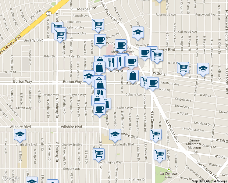 map of restaurants, bars, coffee shops, grocery stores, and more near 8613 Colgate Avenue in Los Angeles