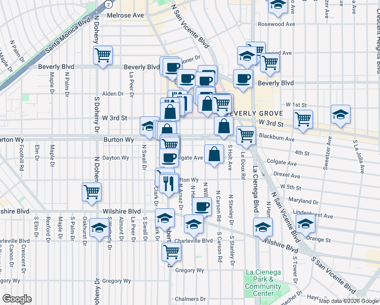 map of restaurants, bars, coffee shops, grocery stores, and more near 8613 Colgate Avenue in Los Angeles