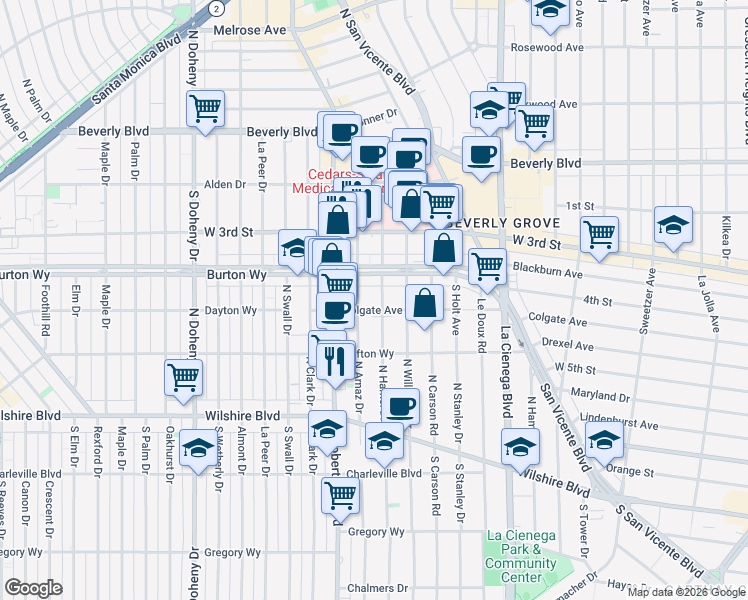 map of restaurants, bars, coffee shops, grocery stores, and more near 8613 Colgate Avenue in Los Angeles