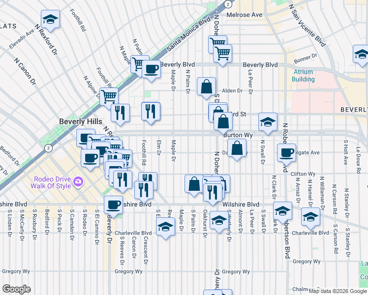 map of restaurants, bars, coffee shops, grocery stores, and more near 300 North Palm Drive in Beverly Hills