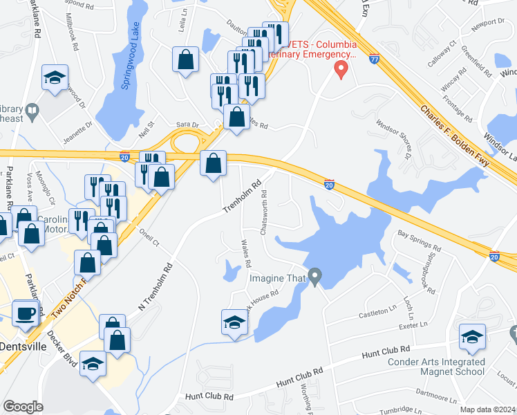 map of restaurants, bars, coffee shops, grocery stores, and more near 2904 Chatsworth Road in Columbia