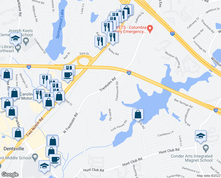 map of restaurants, bars, coffee shops, grocery stores, and more near 2912 Scotsman Road in Columbia