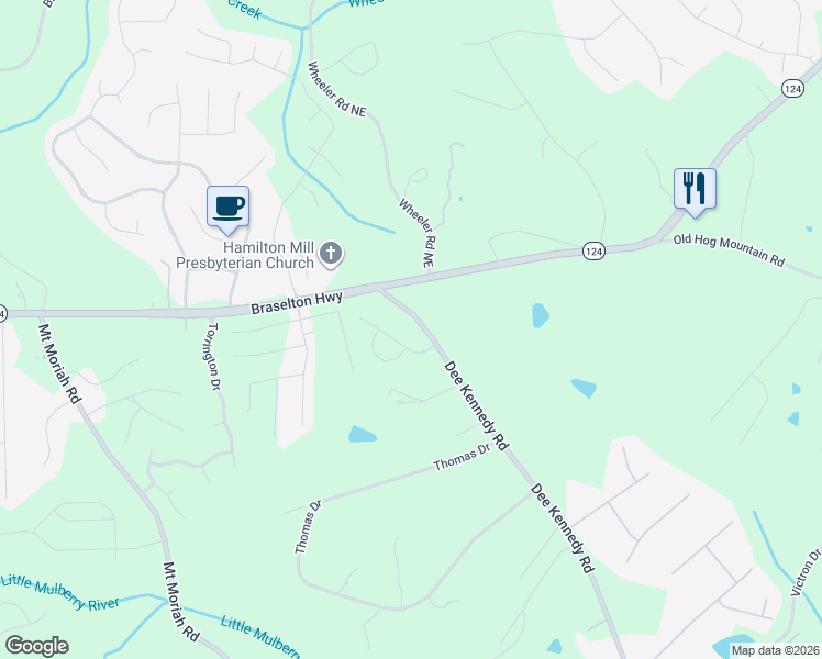 map of restaurants, bars, coffee shops, grocery stores, and more near 1298 Dee Kennedy Road in Hoschton