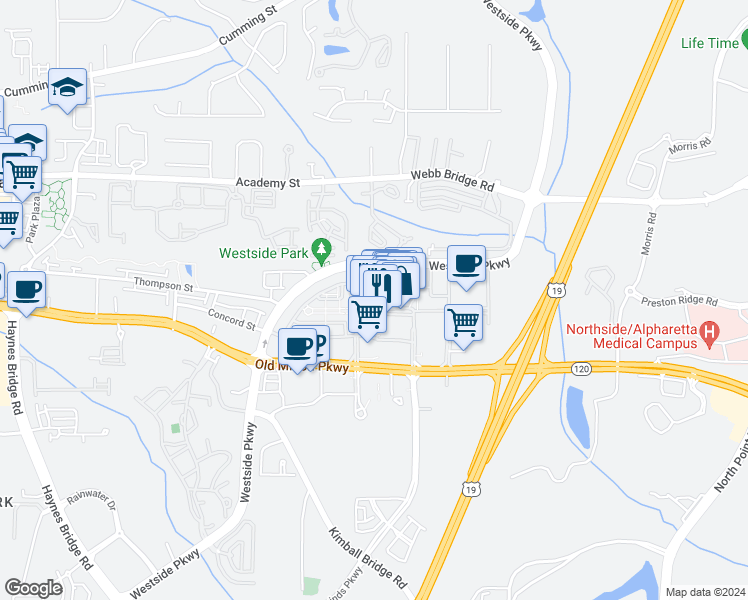 map of restaurants, bars, coffee shops, grocery stores, and more near in Alpharetta