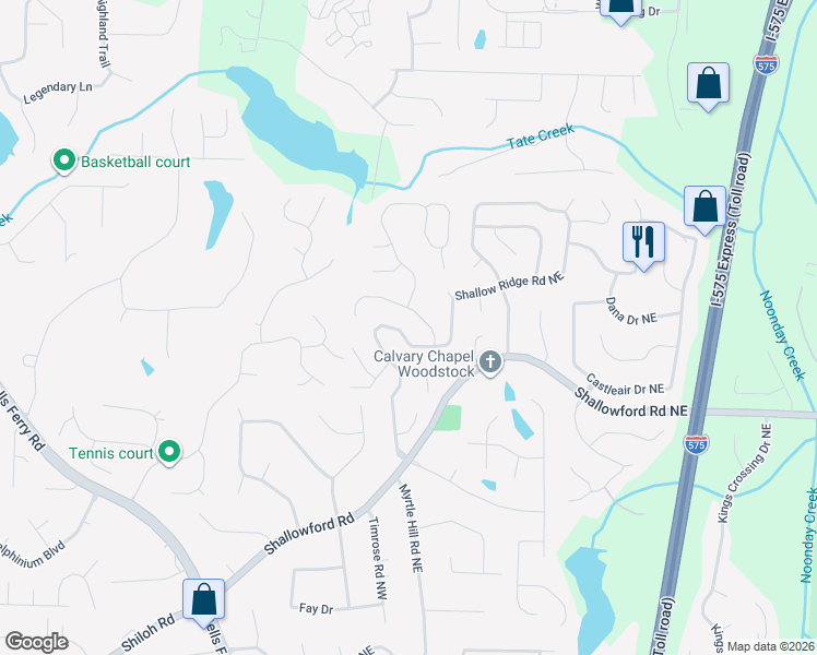 map of restaurants, bars, coffee shops, grocery stores, and more near 4757 Shallow Ridge Road Northeast in Kennesaw