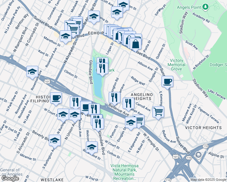 map of restaurants, bars, coffee shops, grocery stores, and more near 1105 West Kensington Road in Los Angeles