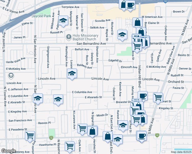 map of restaurants, bars, coffee shops, grocery stores, and more near 1225 Sheridan Avenue in Pomona