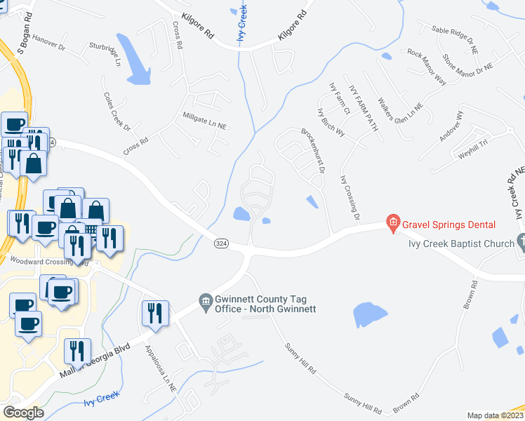 map of restaurants, bars, coffee shops, grocery stores, and more near Cedar Glade Lane Northeast in Buford