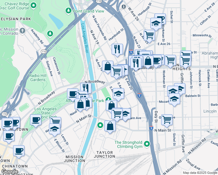 map of restaurants, bars, coffee shops, grocery stores, and more near 223 South Avenue 18 in Los Angeles