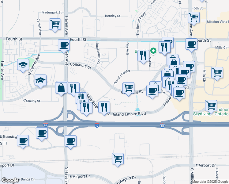 map of restaurants, bars, coffee shops, grocery stores, and more near 3800 Concours Street in Ontario