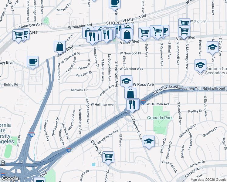 map of restaurants, bars, coffee shops, grocery stores, and more near in Alhambra