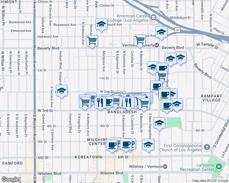 map of restaurants, bars, coffee shops, grocery stores, and more near 2nd Street in Los Angeles