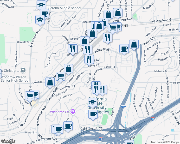 map of restaurants, bars, coffee shops, grocery stores, and more near 2258 Lafler Road in Los Angeles
