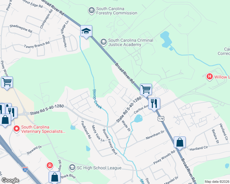 map of restaurants, bars, coffee shops, grocery stores, and more near 245 Wynn Way in Columbia
