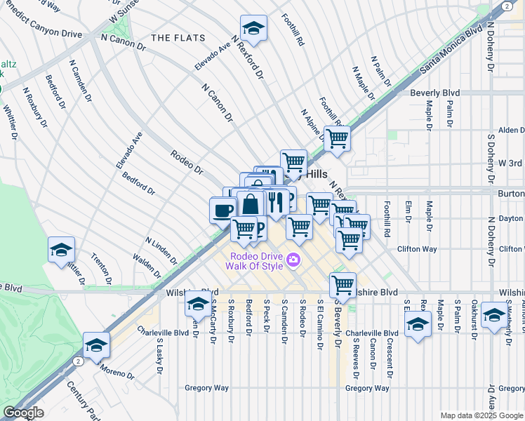 map of restaurants, bars, coffee shops, grocery stores, and more near 9495 South Santa Monica Boulevard in Beverly Hills