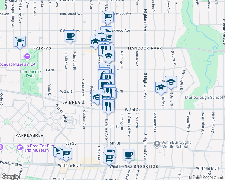 map of restaurants, bars, coffee shops, grocery stores, and more near 181 South Sycamore Avenue in Los Angeles