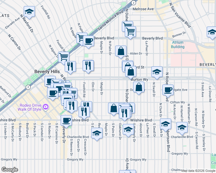 map of restaurants, bars, coffee shops, grocery stores, and more near 300 North Palm Drive in Beverly Hills