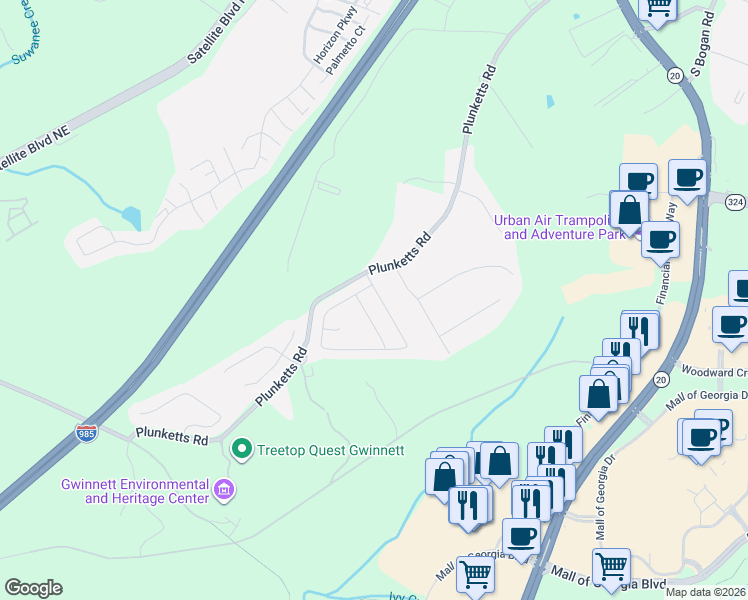 map of restaurants, bars, coffee shops, grocery stores, and more near 3467 Greyhawk Crossing in Buford