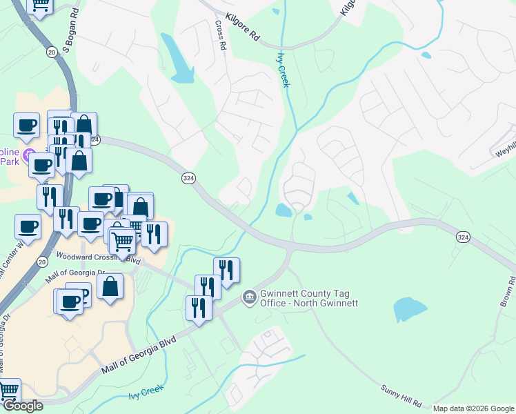 map of restaurants, bars, coffee shops, grocery stores, and more near 3152 Mill Springs Circle Northeast in Buford