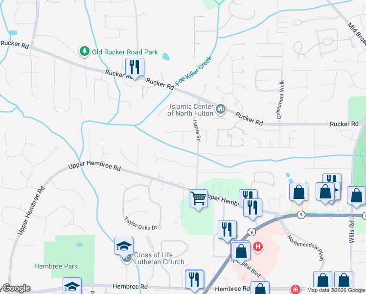 map of restaurants, bars, coffee shops, grocery stores, and more near 530 Birch Ridge Court in Roswell
