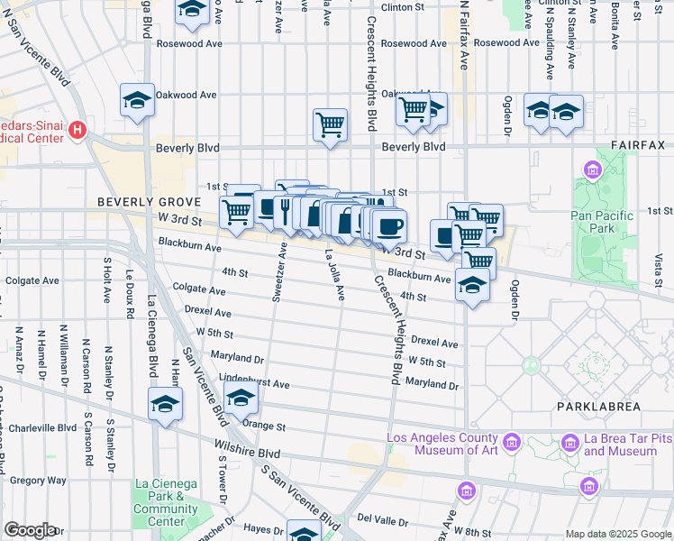 map of restaurants, bars, coffee shops, grocery stores, and more near 356 South La Jolla Avenue in Los Angeles