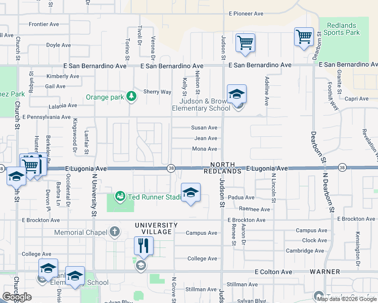 map of restaurants, bars, coffee shops, grocery stores, and more near 1312 Rees Court in Redlands
