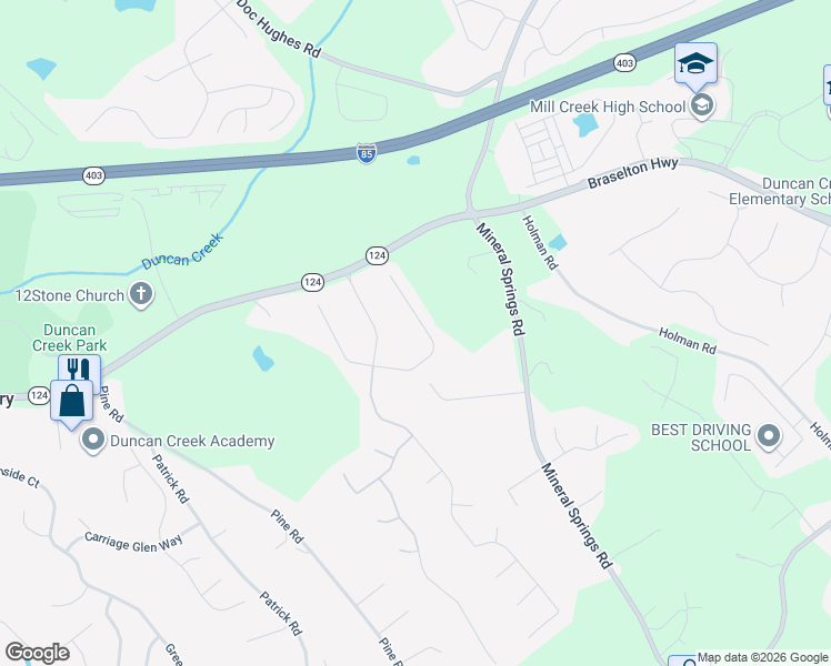 map of restaurants, bars, coffee shops, grocery stores, and more near 4140 Gables Place in Buford