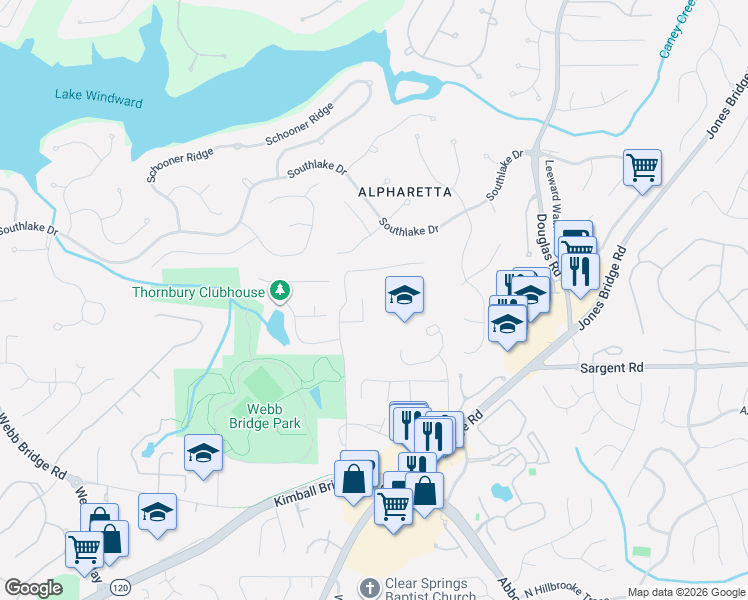 map of restaurants, bars, coffee shops, grocery stores, and more near 11770 East Fox Court in Alpharetta