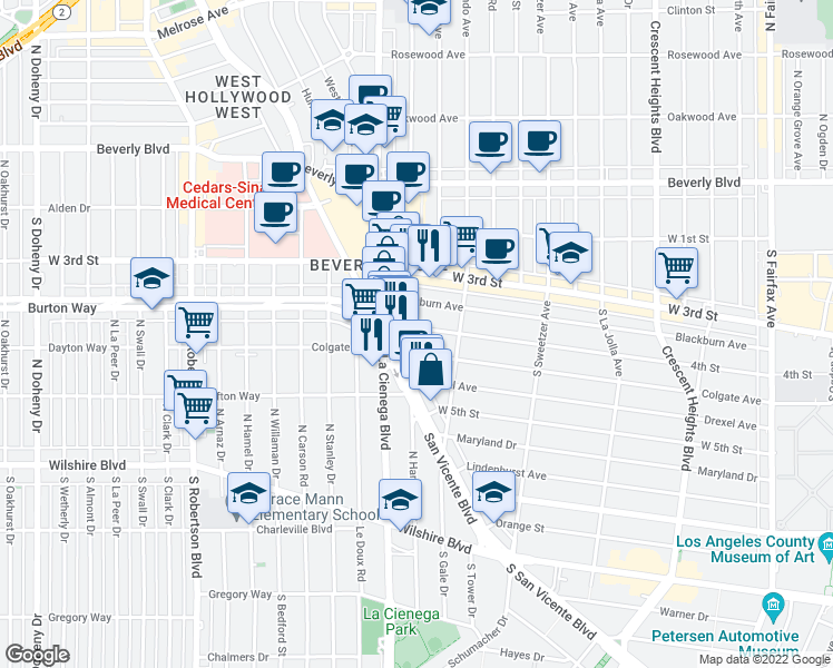 map of restaurants, bars, coffee shops, grocery stores, and more near 426 South San Vicente Boulevard in Los Angeles