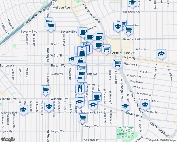 map of restaurants, bars, coffee shops, grocery stores, and more near 428 Arnaz Drive in Los Angeles
