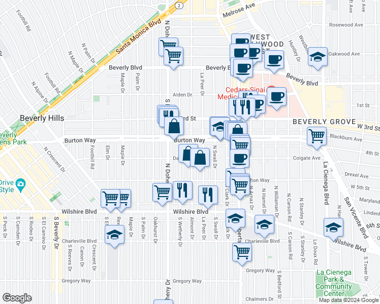 map of restaurants, bars, coffee shops, grocery stores, and more near 309 North Almont Drive in Beverly Hills