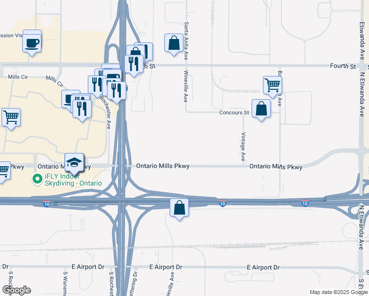 map of restaurants, bars, coffee shops, grocery stores, and more near 5125 Ontario Mills Parkway in Ontario
