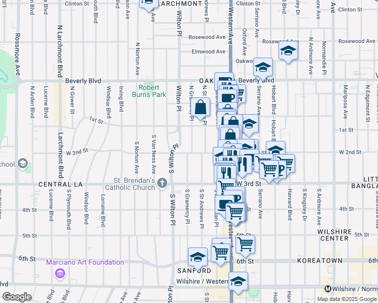 map of restaurants, bars, coffee shops, grocery stores, and more near 4545 West 2nd Street in Los Angeles