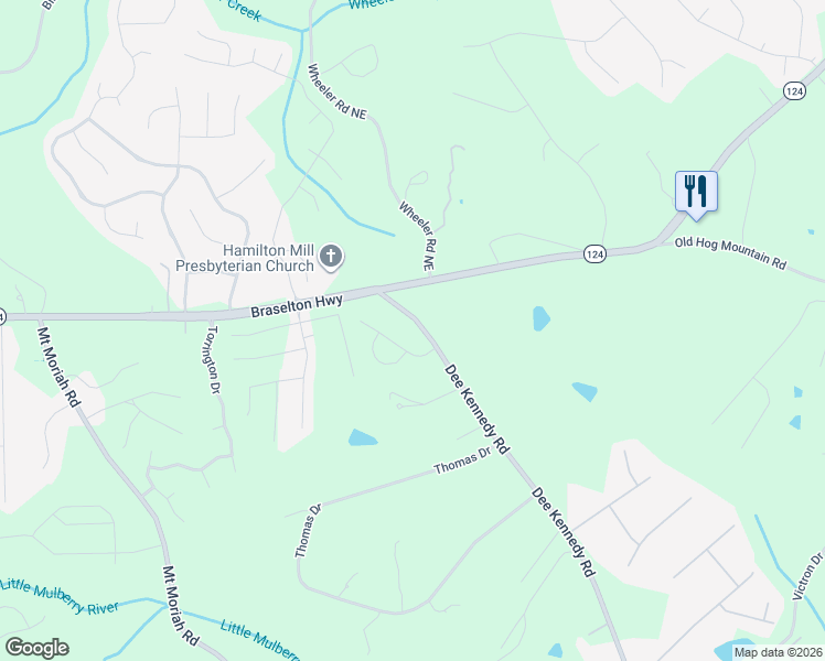 map of restaurants, bars, coffee shops, grocery stores, and more near 1298 Dee Kennedy Road in Hoschton
