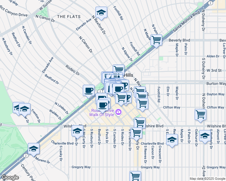 map of restaurants, bars, coffee shops, grocery stores, and more near 9400 Brighton Way in Beverly Hills