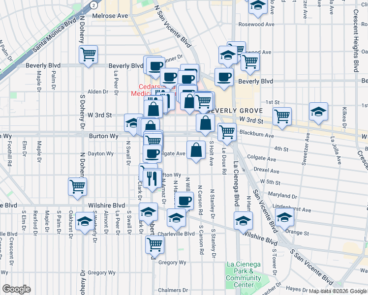 map of restaurants, bars, coffee shops, grocery stores, and more near 425 South Willaman Drive in Los Angeles